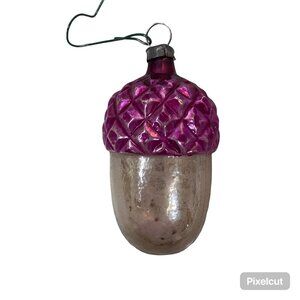 Vintage Blown Glass Mini Outdent Acorn Feather Pink Christmas Ornament Germany